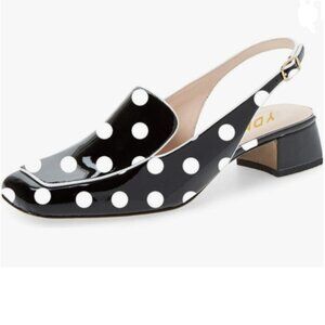 YDN Black Polka Dots Square Toe Block Low Heels Slingback Formal Loafer Shoes